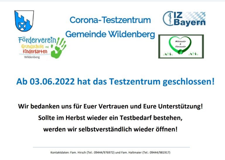 Schließung Testzentrum zum 03.06.2022