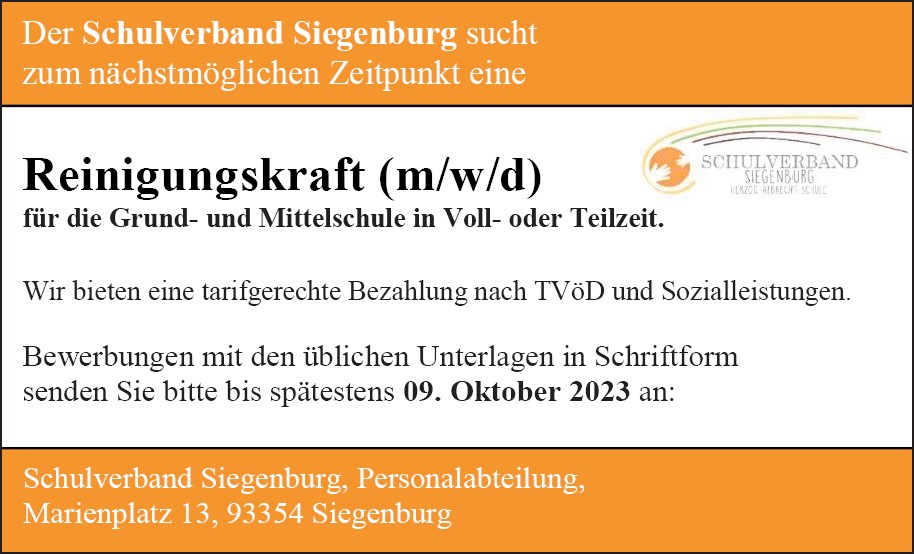 Stellenangebot Reinigungskraft Schulverband Siegenburg